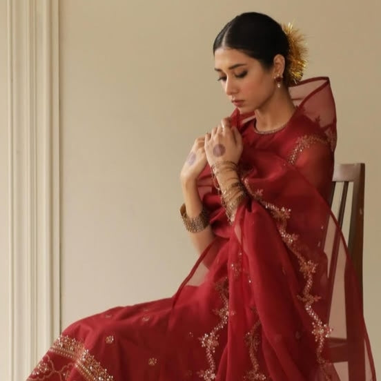 Noor Jahan - Royal Red Attire - 3 PIECE STITCHED FULL SLEEVES