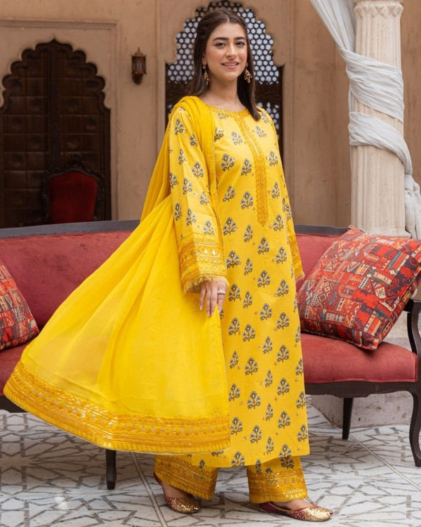 Heer - Marigold Flora 3-Piece Stiched