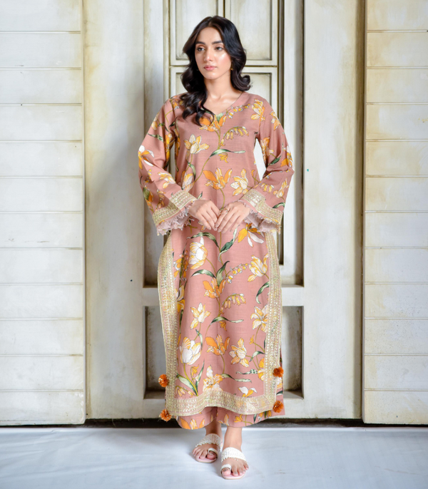 Haleema Sultan - Peach Flora | 2-Piece Stitched Suit