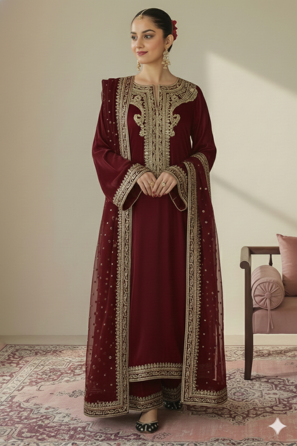 Maroon Majesty | 3 piece Embroidered Luxury Pret For Women